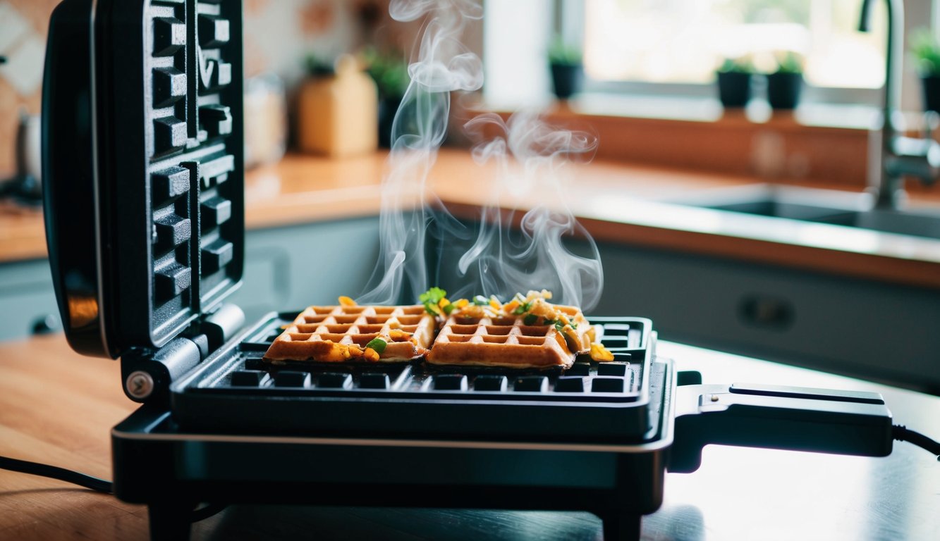 A waffle iron-style appliance reheats leftover food, emitting steam