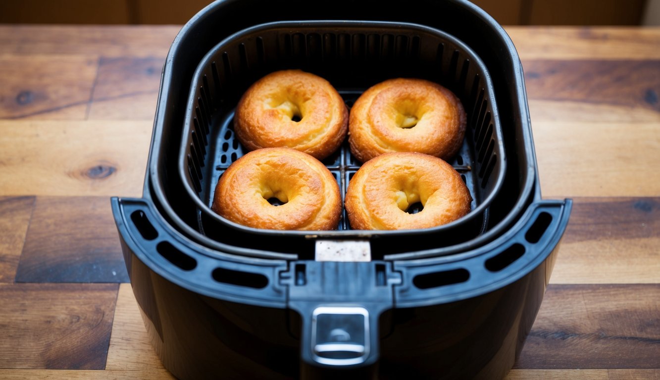 Baked goods inside an air fryer, set to a lower temperature for reheating