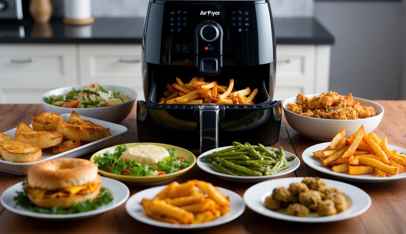 A variety of leftover foods being reheated in an air fryer, showcasing the preservation of texture and flavor through different cooking techniques