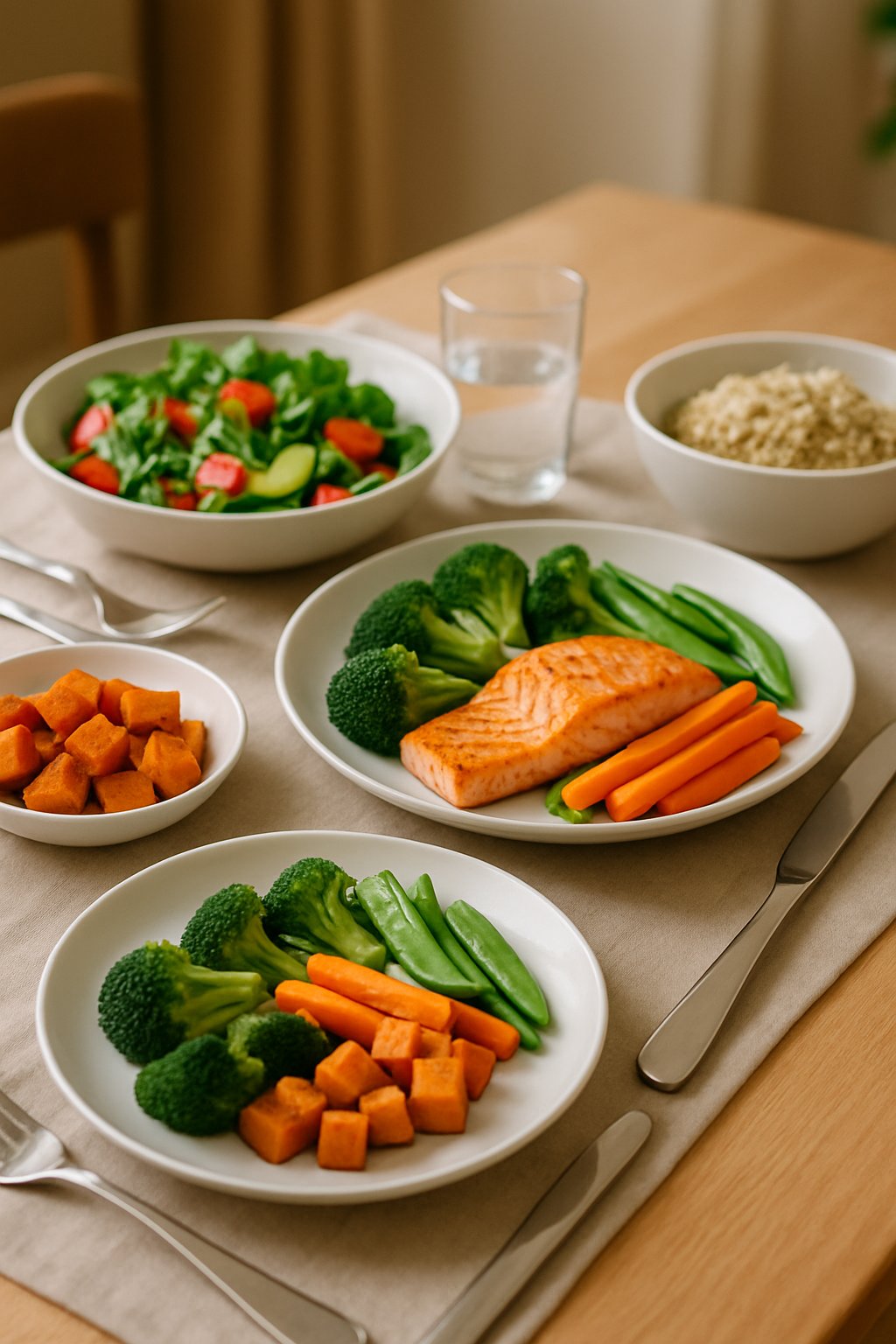 A dinner table with healthy dishes including grilled salmon, vegetables, salad, quinoa, and roasted sweet potatoes, set for a meal.