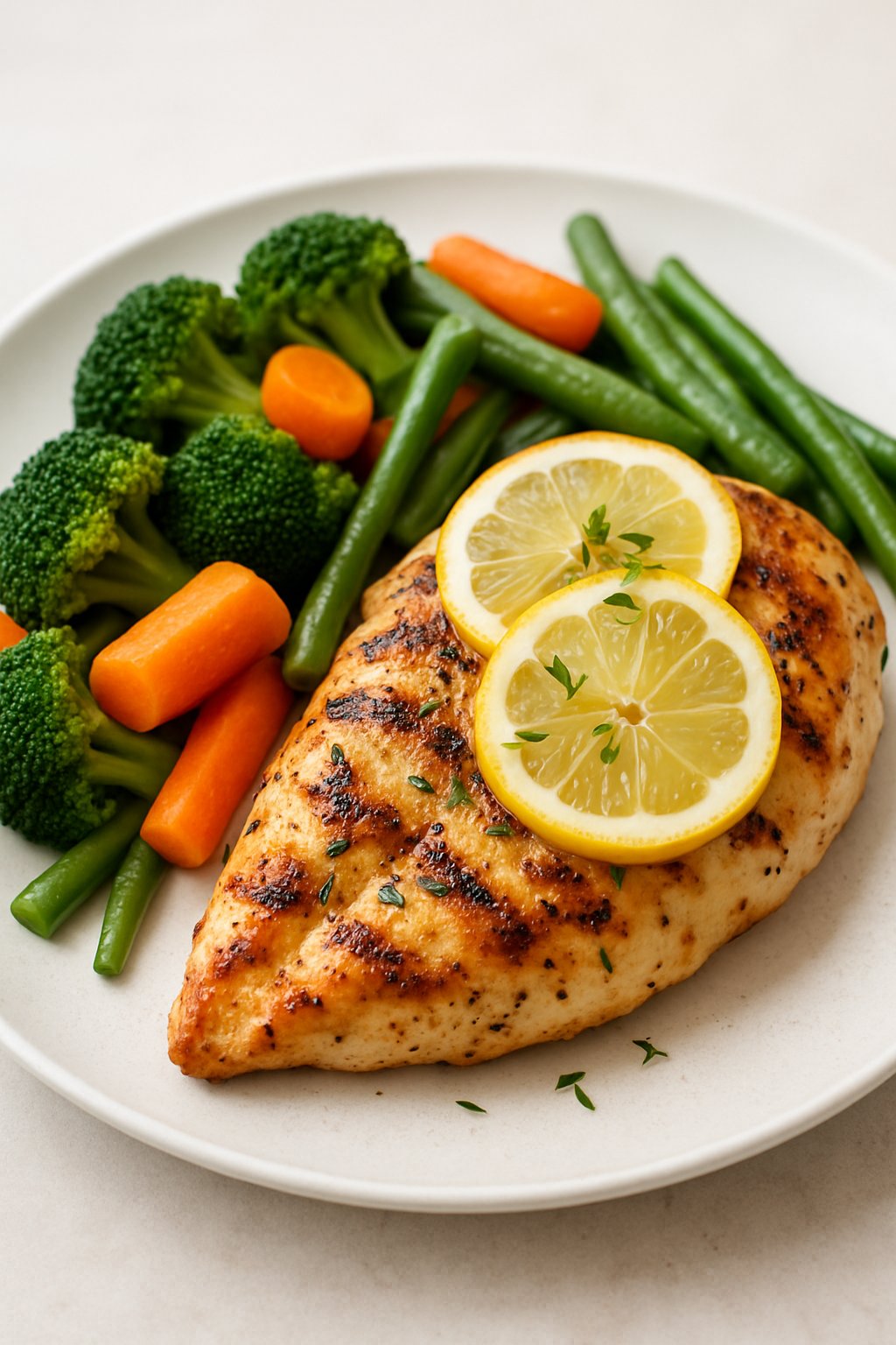 A plate with grilled lemon herb chicken and steamed vegetables including broccoli, carrots, and green beans.