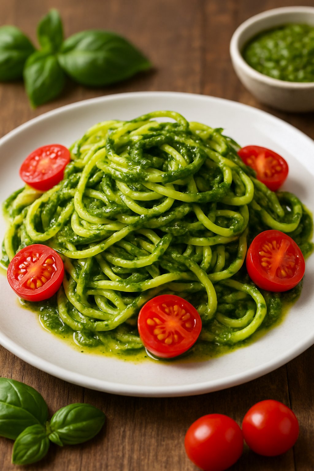A plate of zucchini noodles with green pesto sauce and cherry tomatoes on a wooden table.