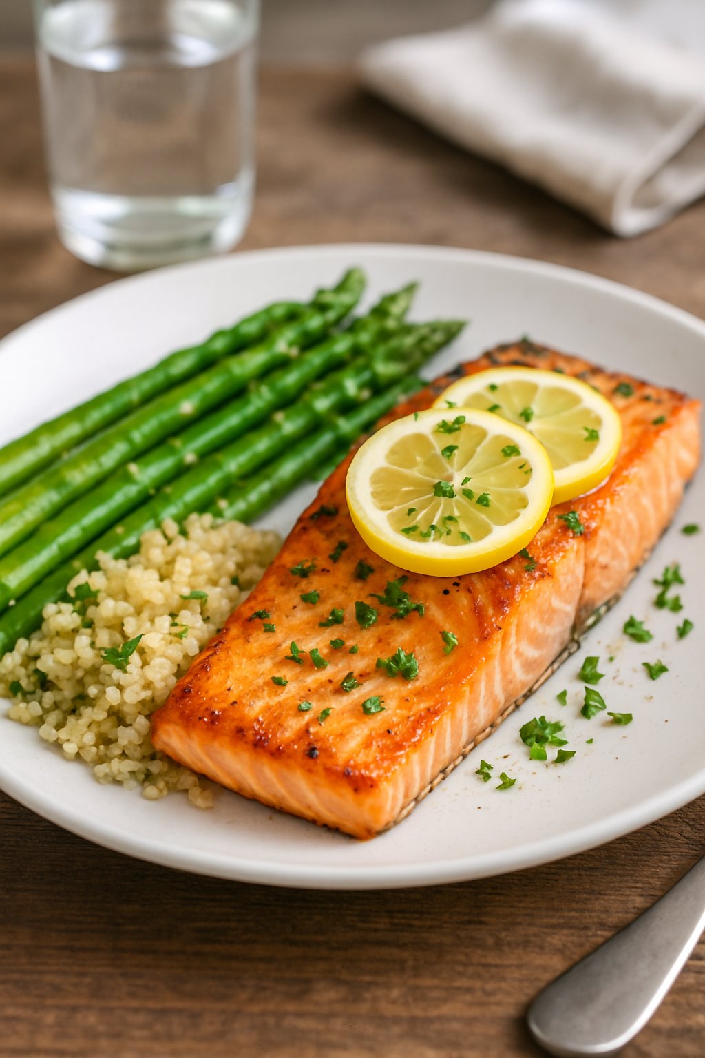 A plate with baked salmon, asparagus, and quinoa on a wooden table.