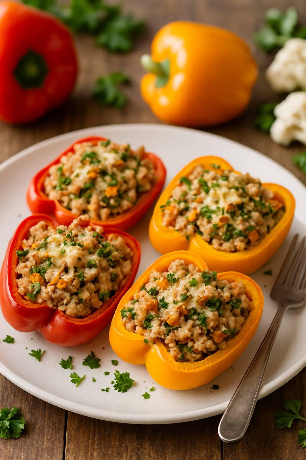 A plate of stuffed bell peppers filled with ground turkey and cauliflower rice, garnished with parsley, on a wooden table.