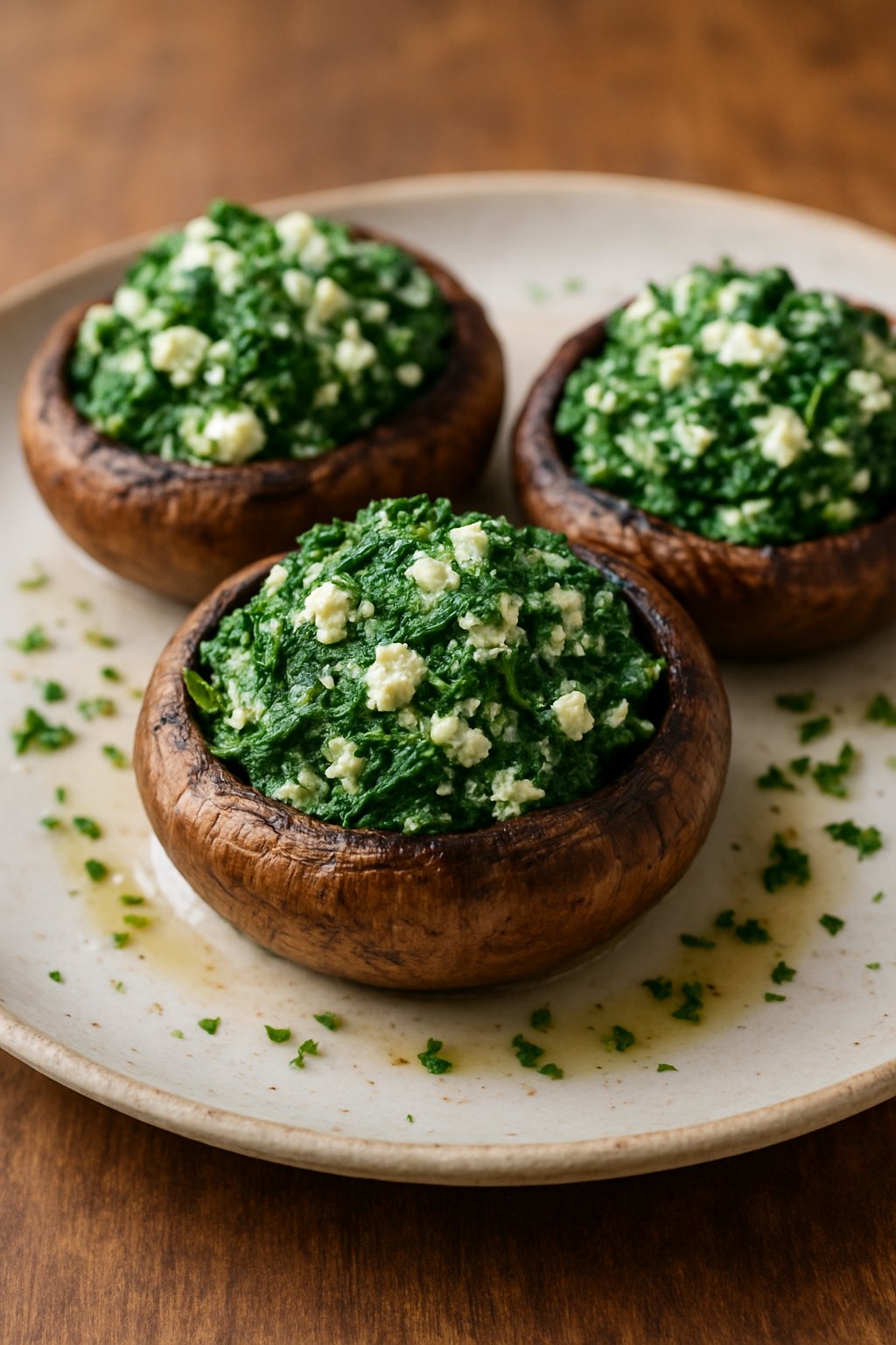 Three Portobello mushrooms stuffed with spinach and feta cheese on a white plate on a wooden table.