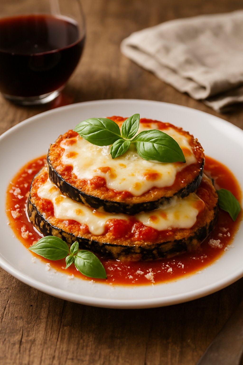 A plate of eggplant Parmesan with melted cheese and tomato sauce, garnished with fresh basil on a wooden table.