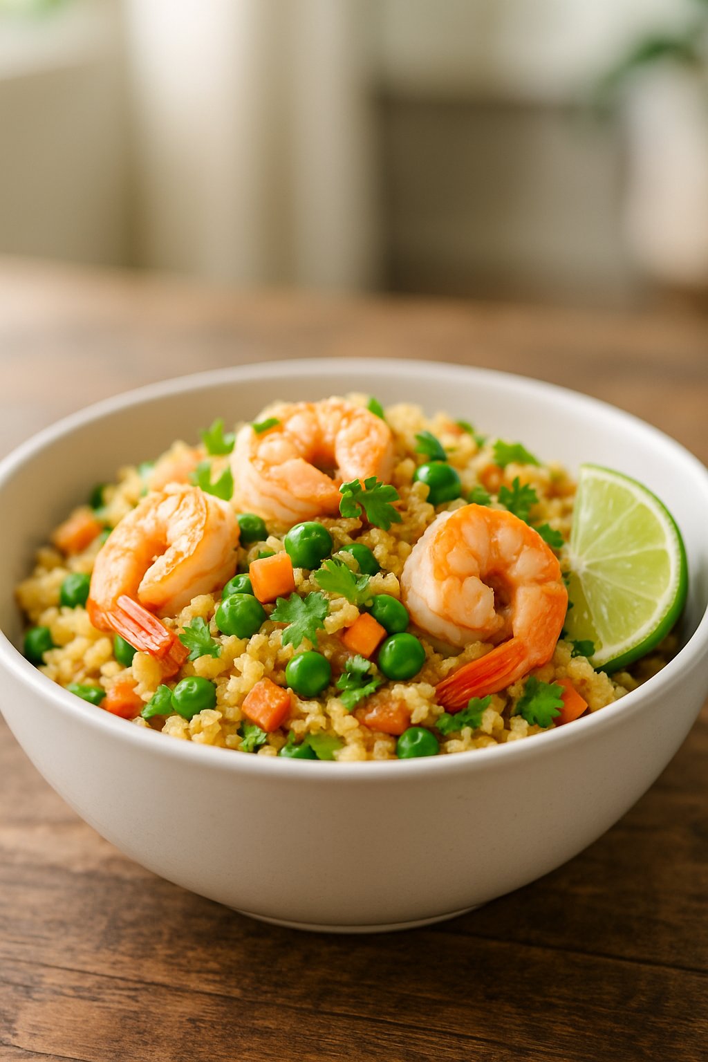 A bowl of cauliflower fried rice with shrimp, garnished with herbs and lime, on a wooden table.