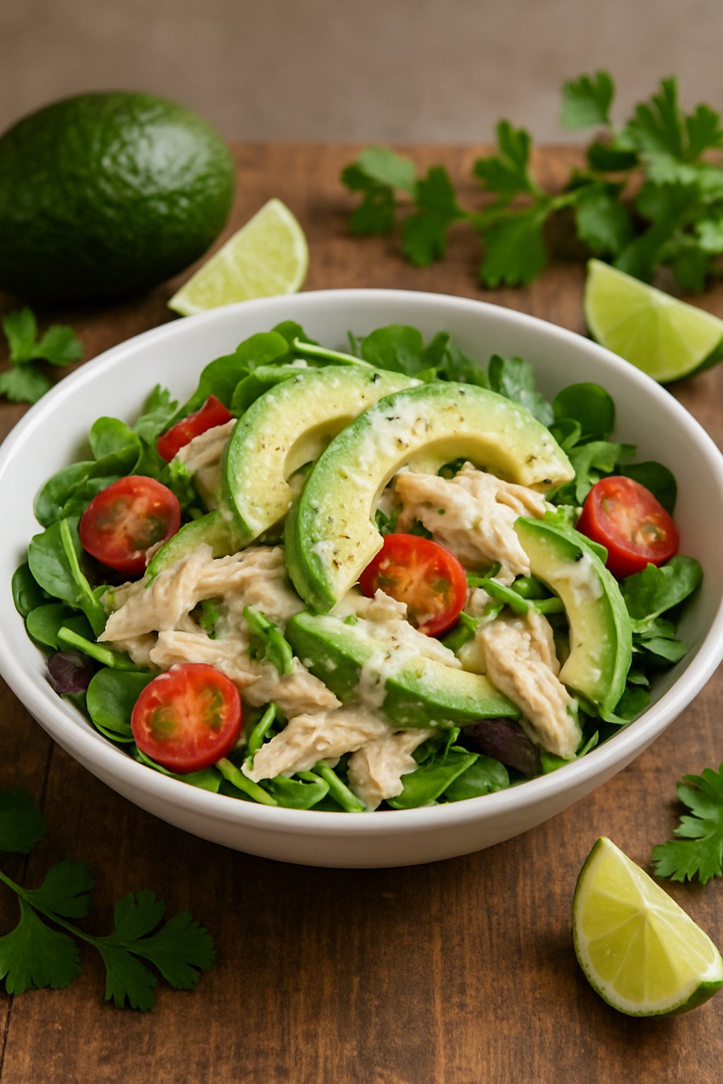 A bowl of creamy avocado and chicken salad with fresh ingredients on a wooden table.