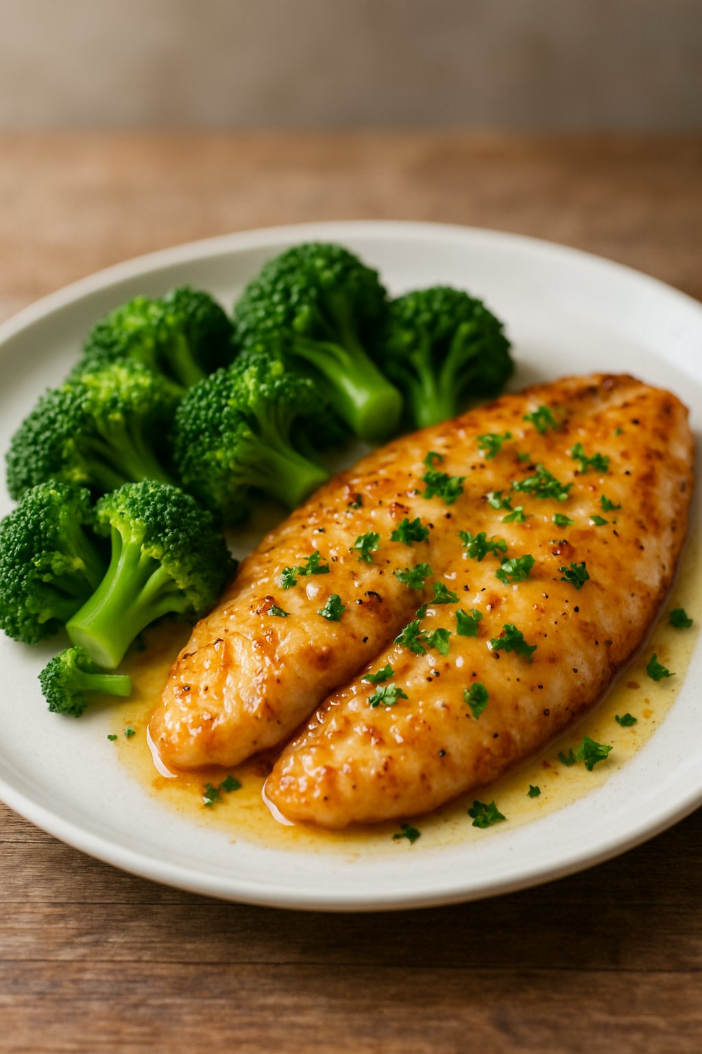 A plate with garlic butter tilapia and steamed broccoli on a wooden table.