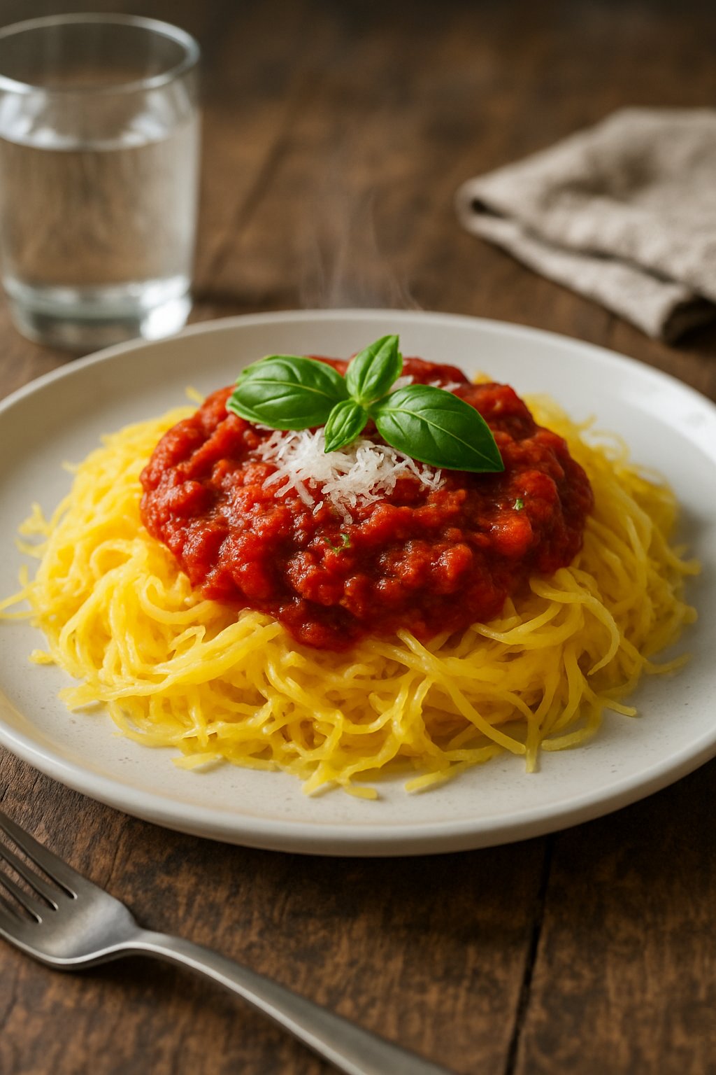 A plate of spaghetti squash topped with marinara sauce and grated Parmesan cheese, garnished with fresh basil, on a wooden table.