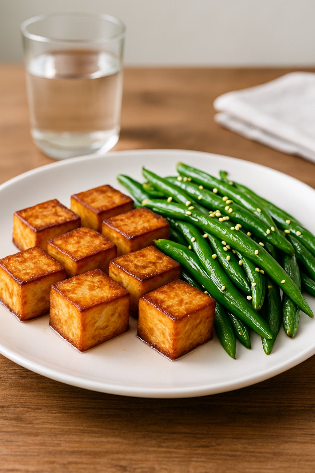 A plate of seared tofu cubes and sesame green beans on a wooden table.