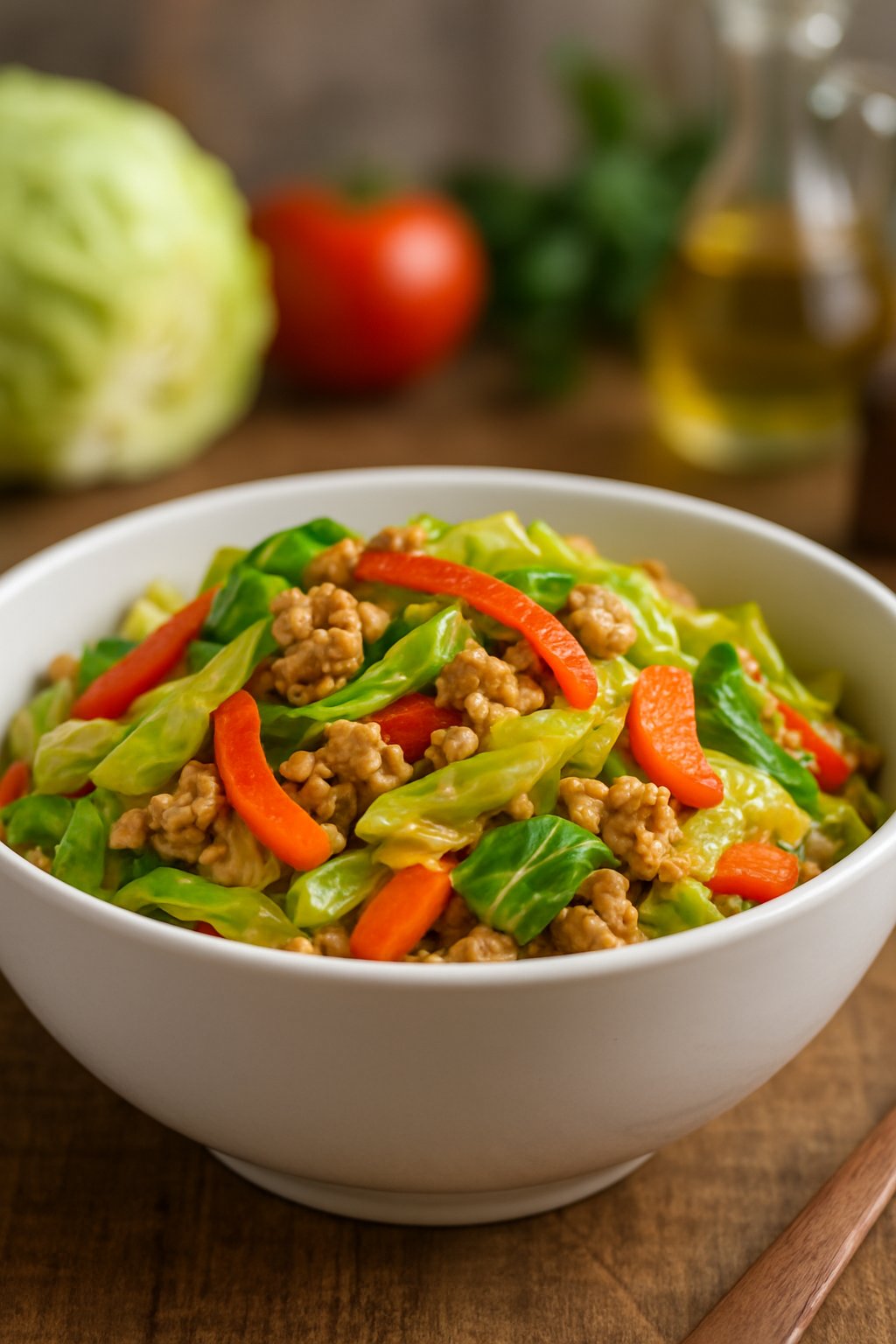 A bowl of cabbage stir-fry with ground turkey and vegetables on a wooden table in a kitchen setting.
