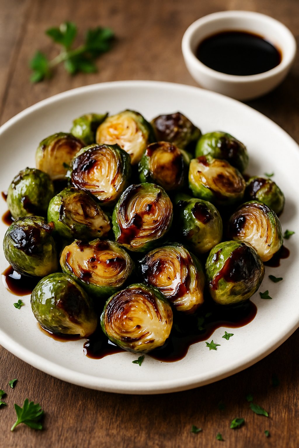 A plate of roasted Brussels sprouts drizzled with balsamic glaze on a wooden table.