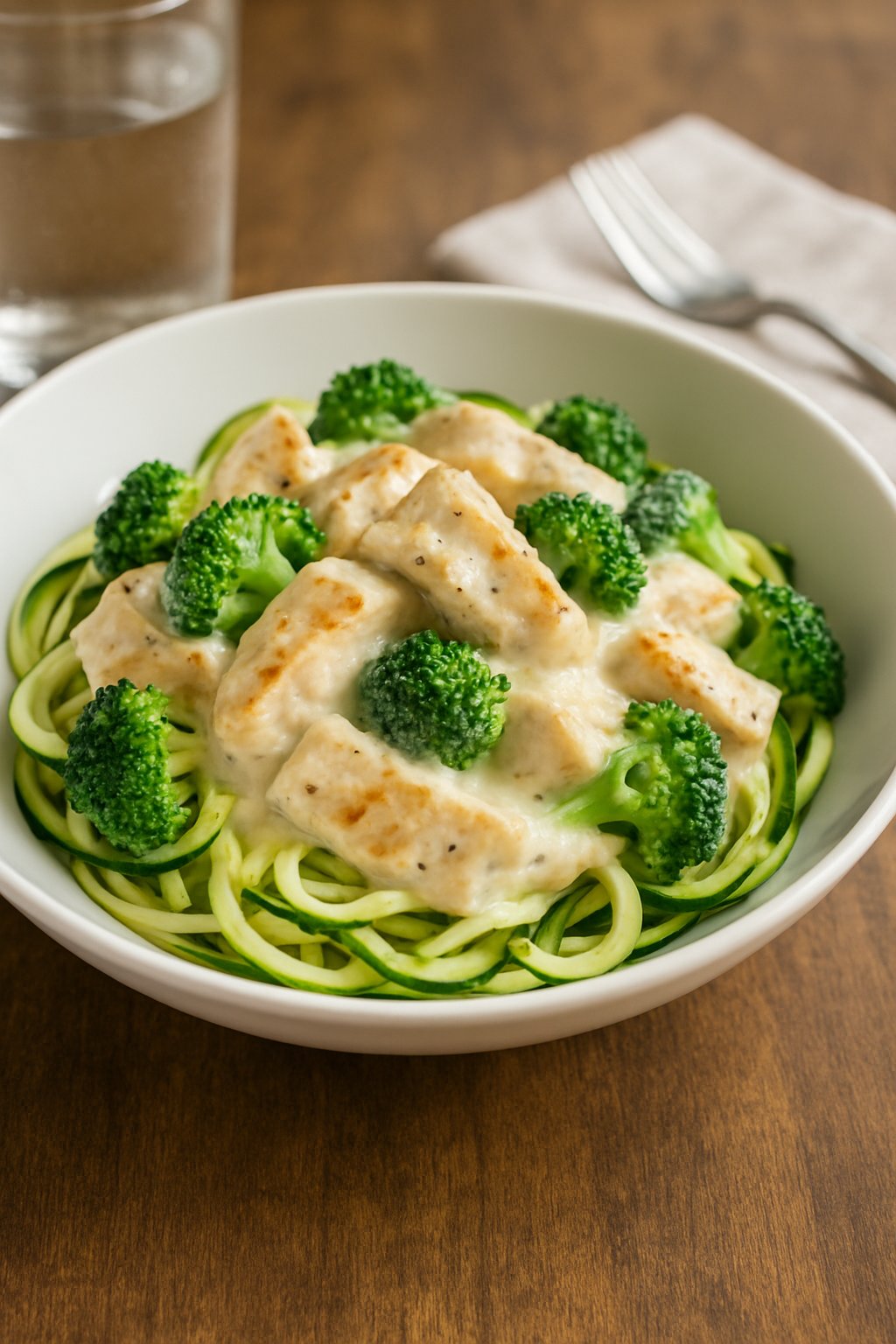 A bowl of chicken and broccoli Alfredo served over zucchini noodles on a wooden table.