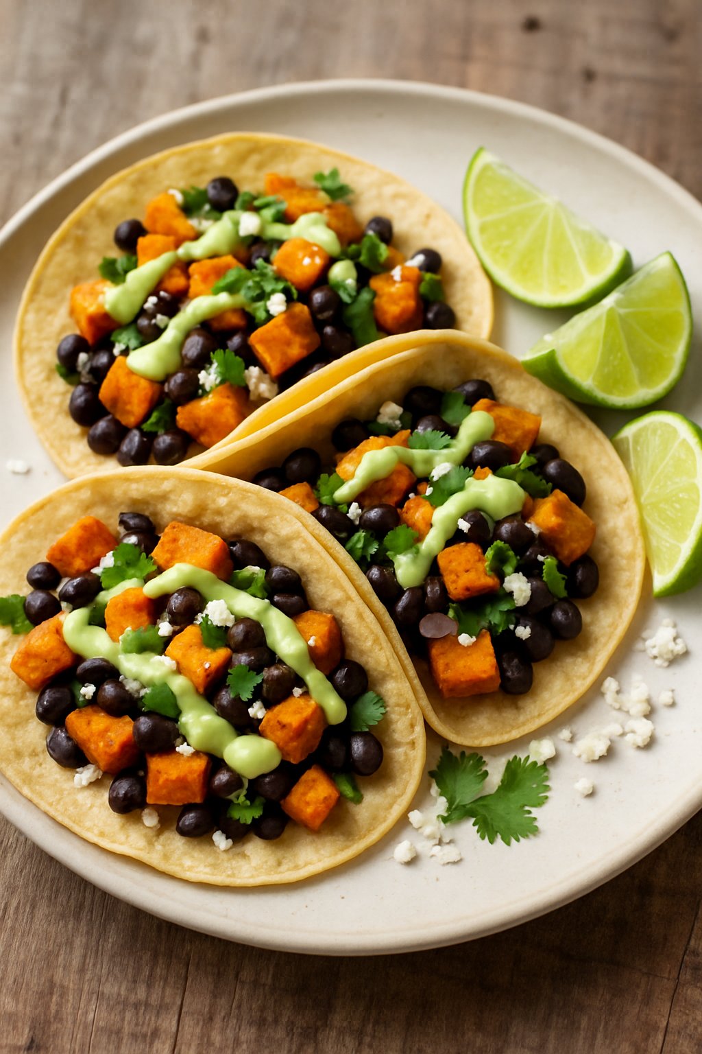 A plate of sweet potato and black bean tacos garnished with lime wedges and fresh cilantro on a wooden table.