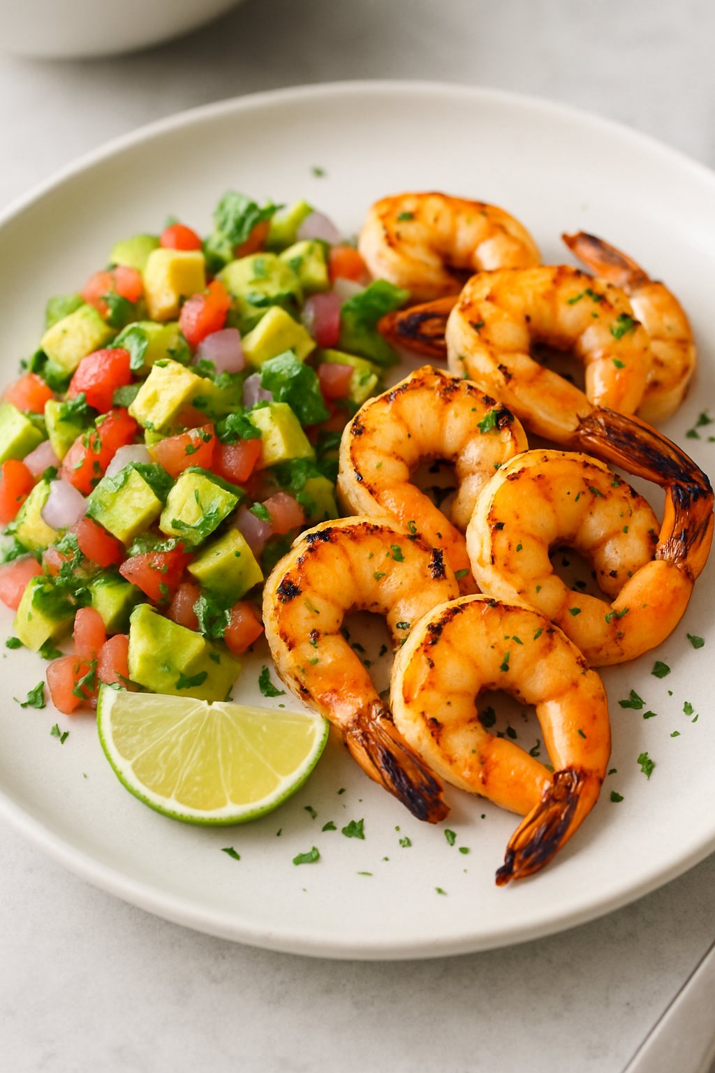 A plate of grilled shrimp served with fresh avocado salsa and a lime wedge on a white plate.