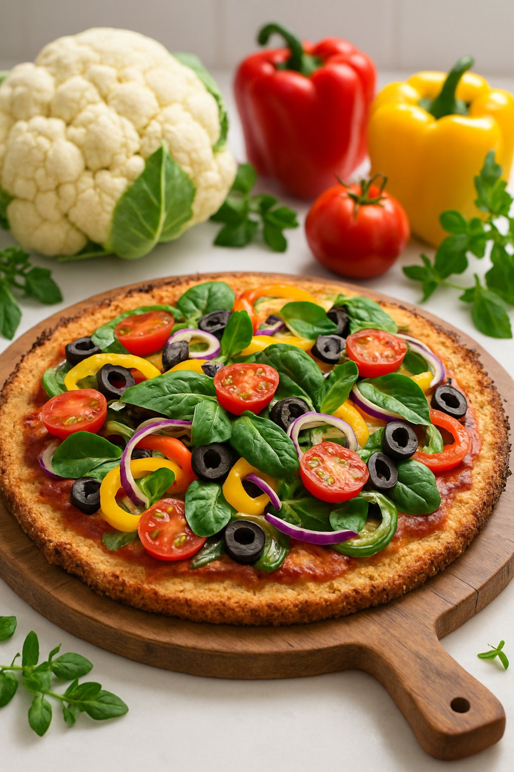 A cauliflower crust pizza topped with various fresh vegetables on a wooden board with fresh ingredients around it.
