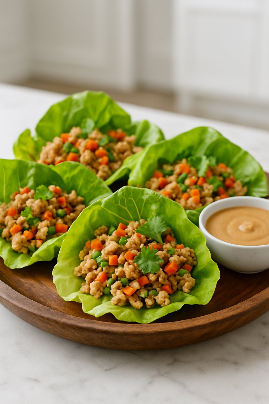 A plate of turkey lettuce wraps with a bowl of peanut sauce on a wooden platter in a kitchen setting.