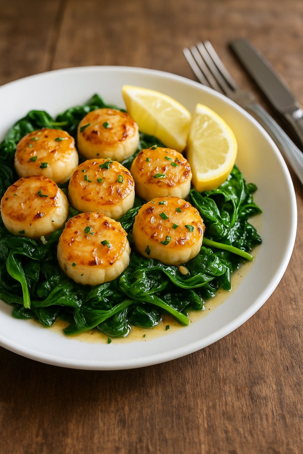 A plate of lemon garlic butter scallops served on sautéed spinach with lemon wedges on a wooden table.