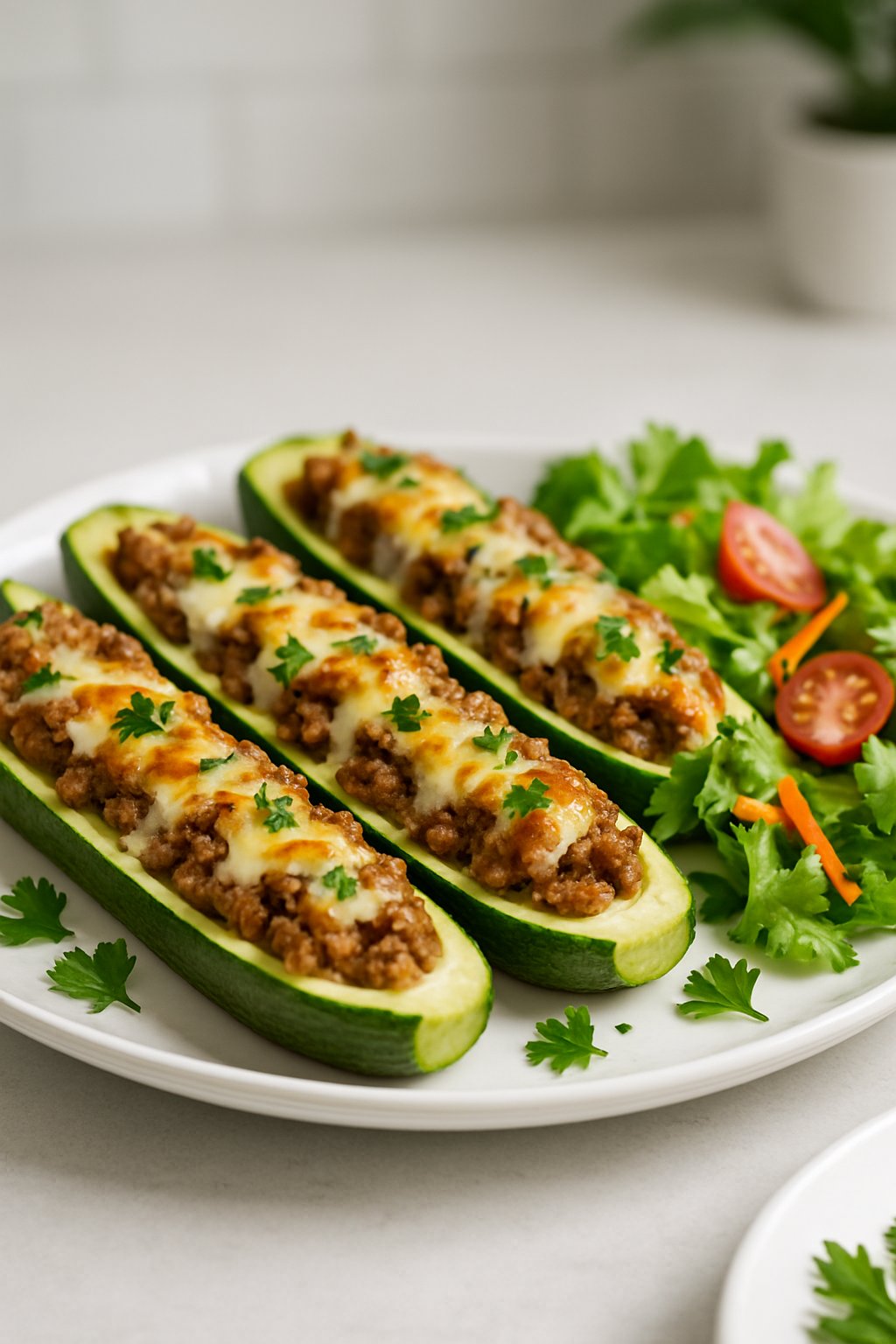 Plate of stuffed zucchini boats filled with ground beef and cheese, garnished with parsley on a kitchen table.