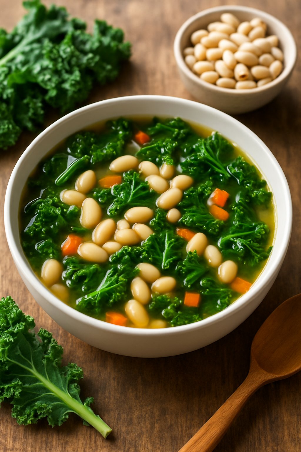 A bowl of kale and white bean soup on a wooden table with fresh ingredients around it.