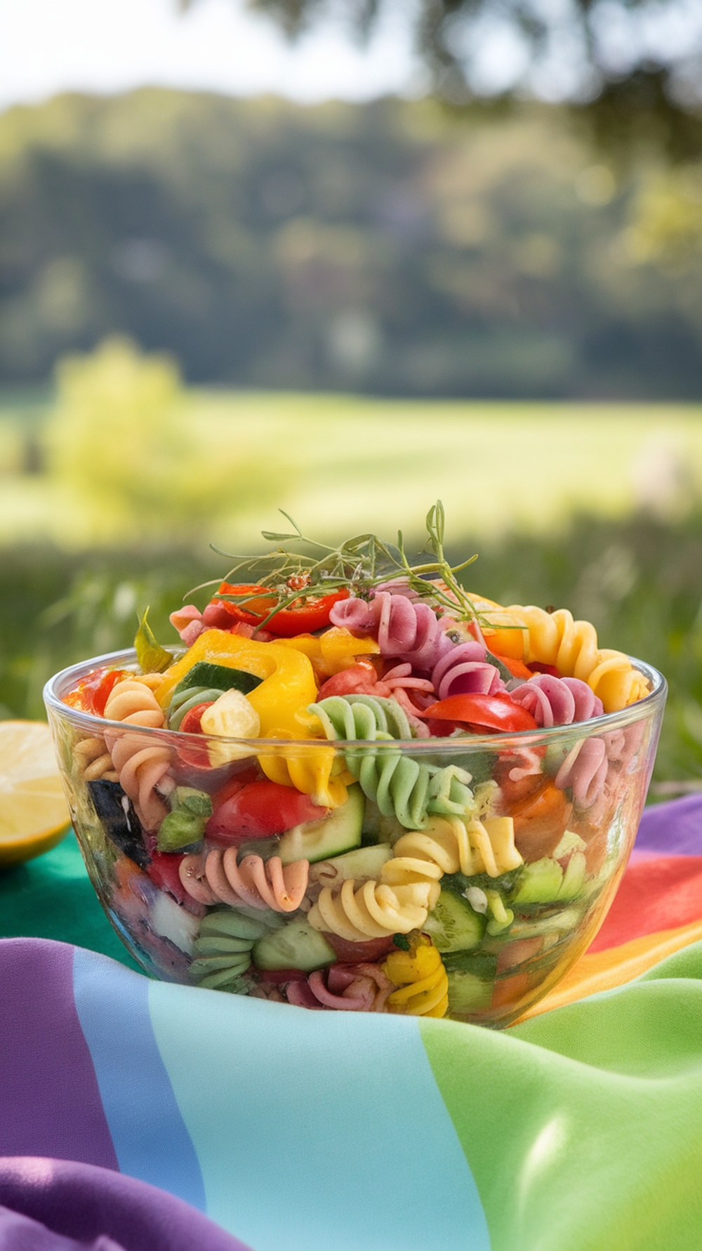 A vibrant bowl of Vegan Rainbow Pasta Salad with colorful vegetables and lemon dressing.