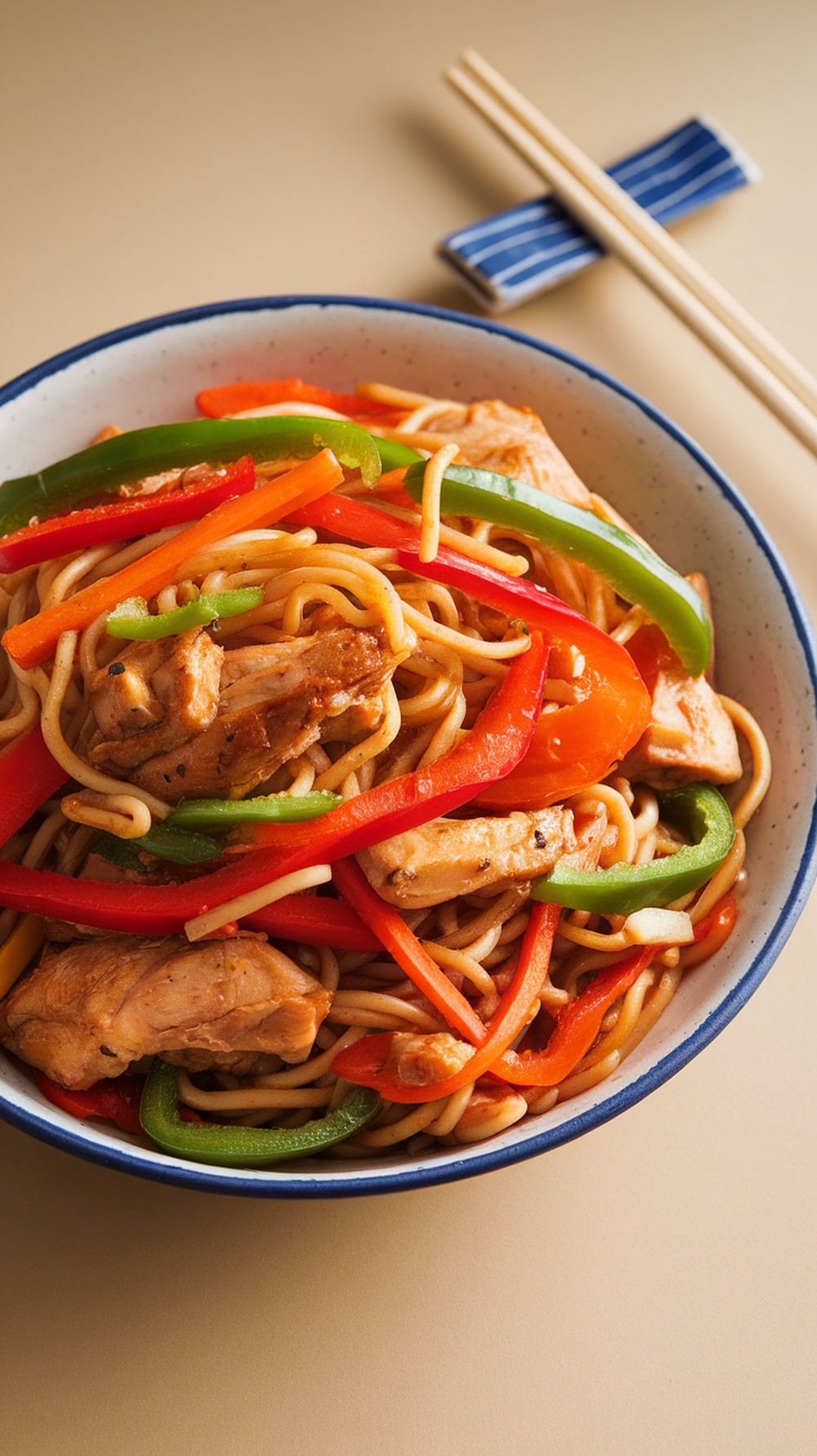 A bowl of colorful vegetable and chicken stir-fry noodles topped with green onions.