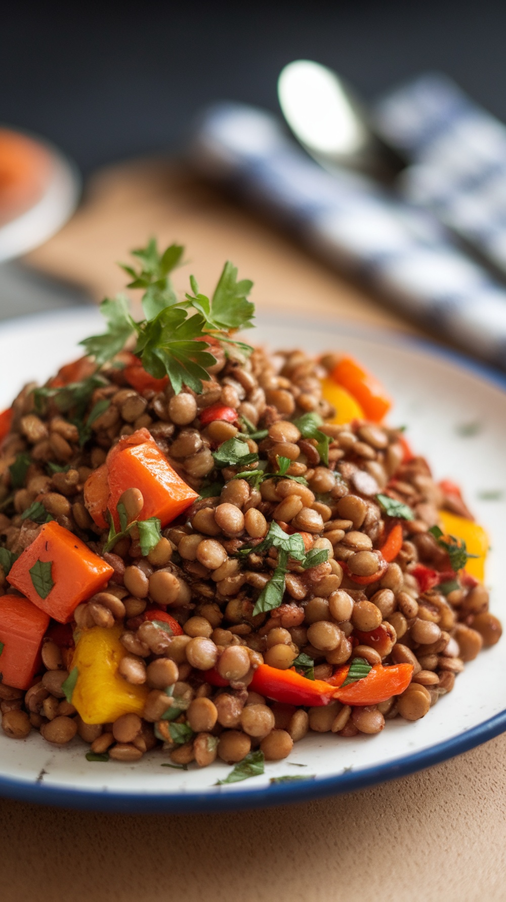 A plate of warm lentil salad with colorful roasted vegetables