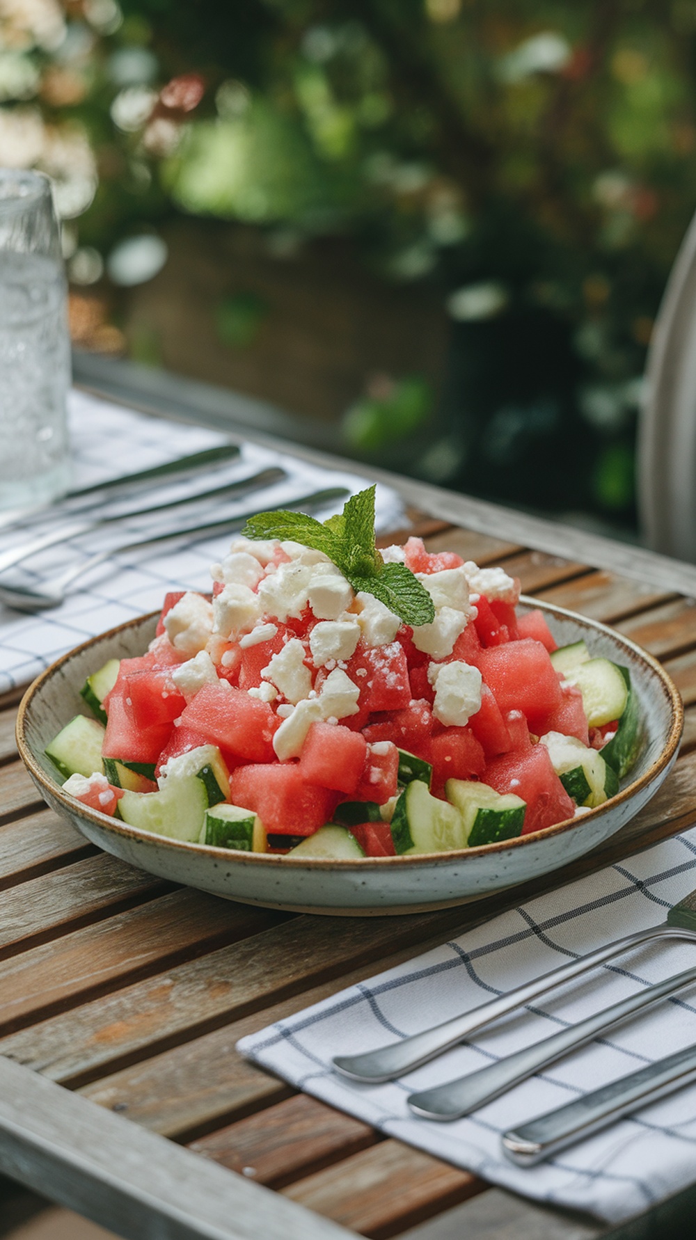 A refreshing watermelon and cucumber salad topped with feta and mint on a wooden table.