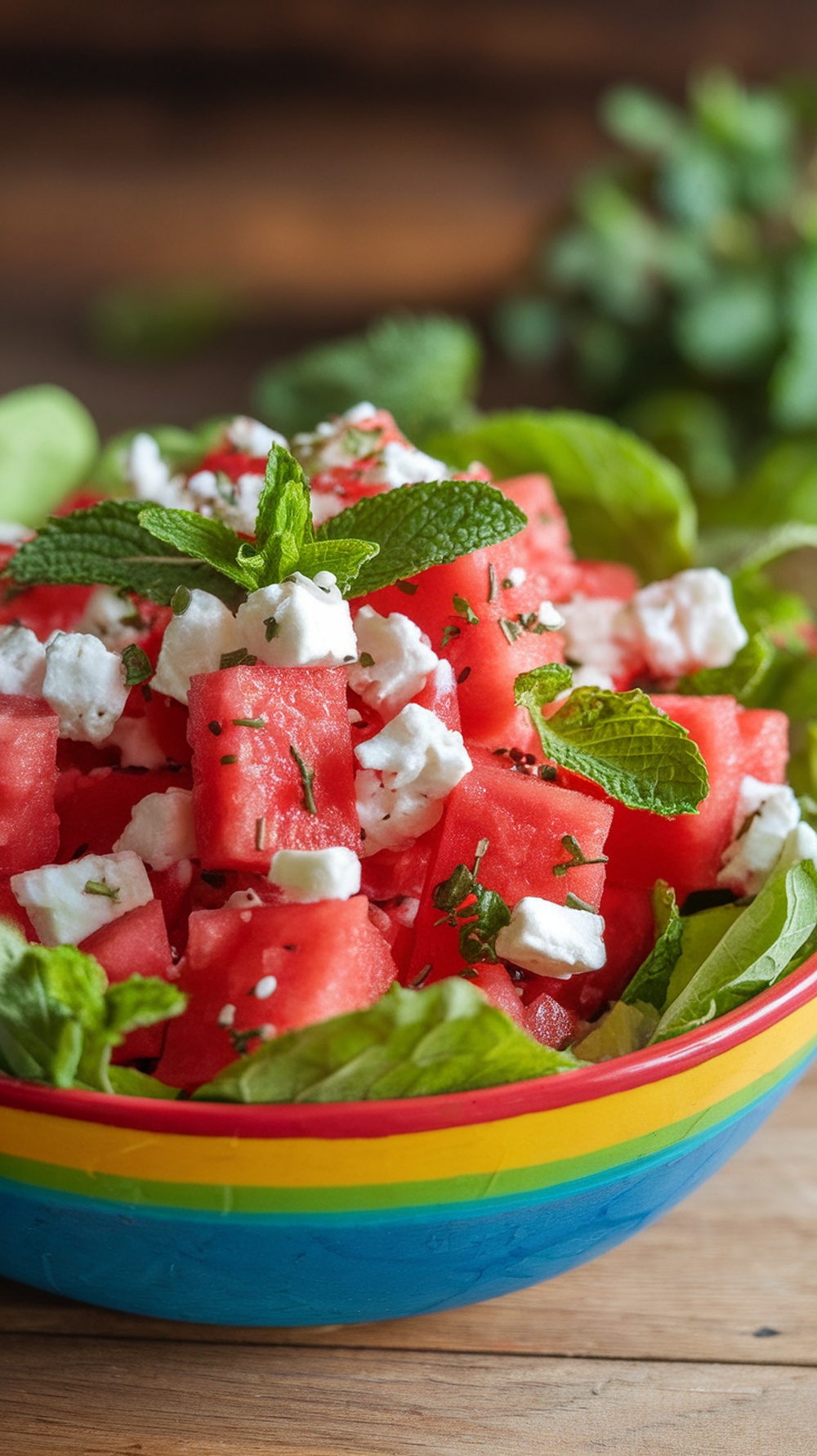 A colorful watermelon and feta salad with mint, served in a vibrant bowl.