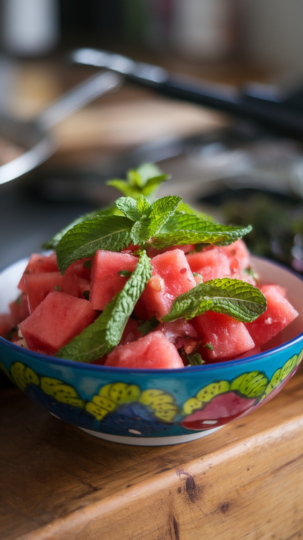 A colorful bowl of watermelon and mint salad with fresh mint leaves on top.
