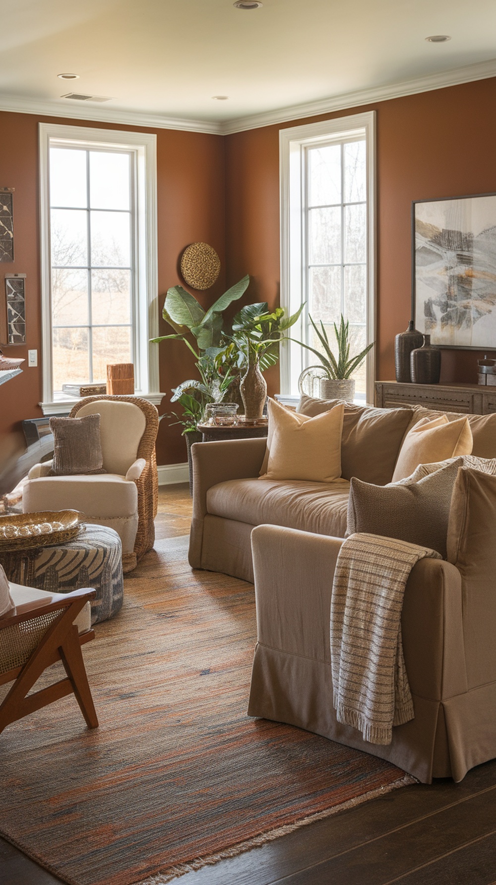 A cozy living room with warm colored walls, comfortable furniture, and plants