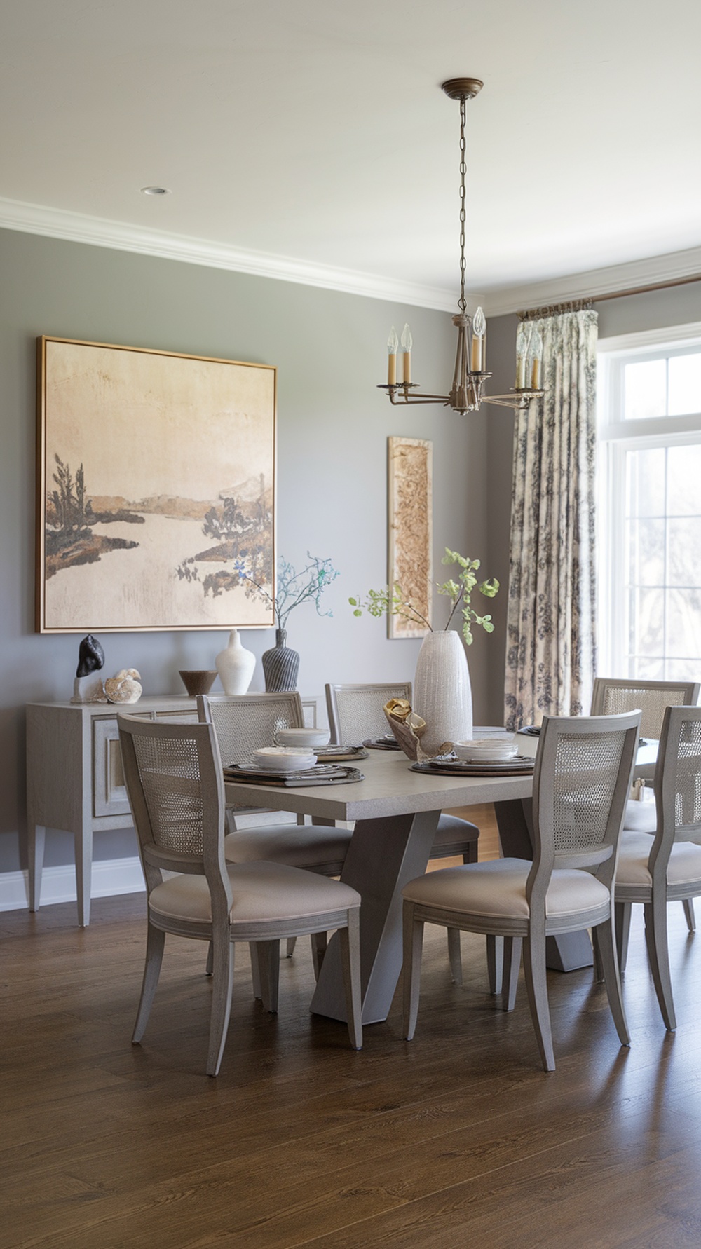 Elegant dining room with Worldly Gray walls, wooden furniture, and decorative accents.