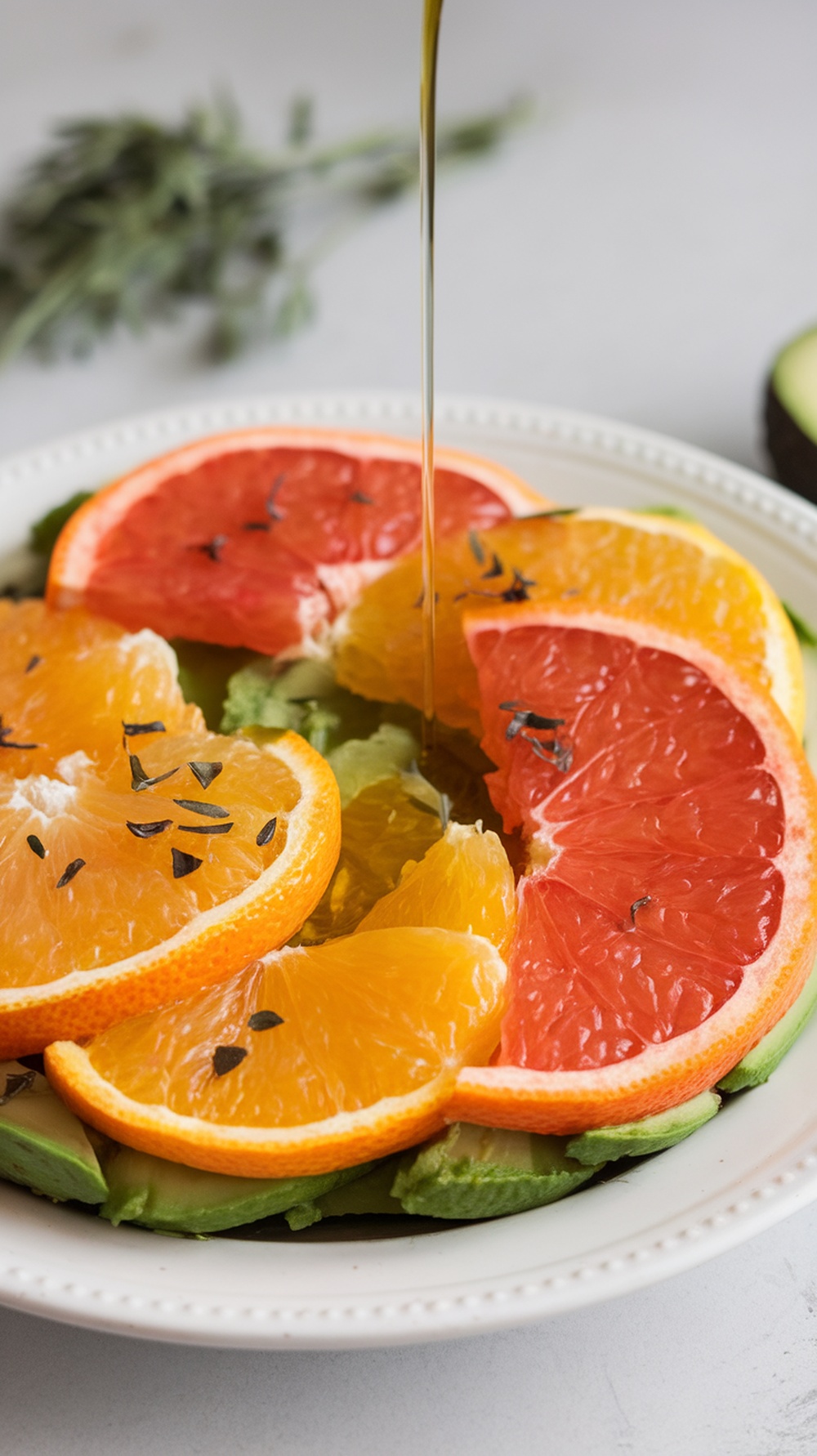 A colorful citrus avocado salad with fresh herbs and dressing drizzled on top.