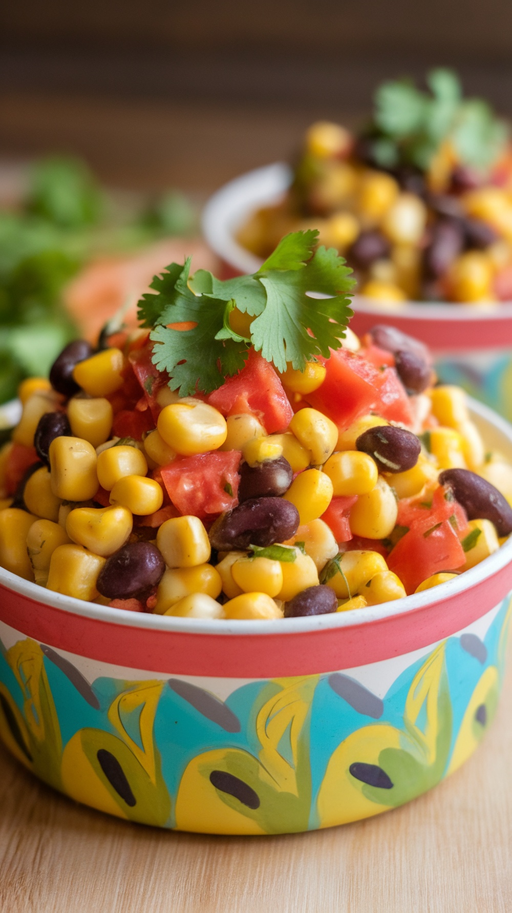 A colorful salad made of corn, black beans, and tomatoes garnished with cilantro.