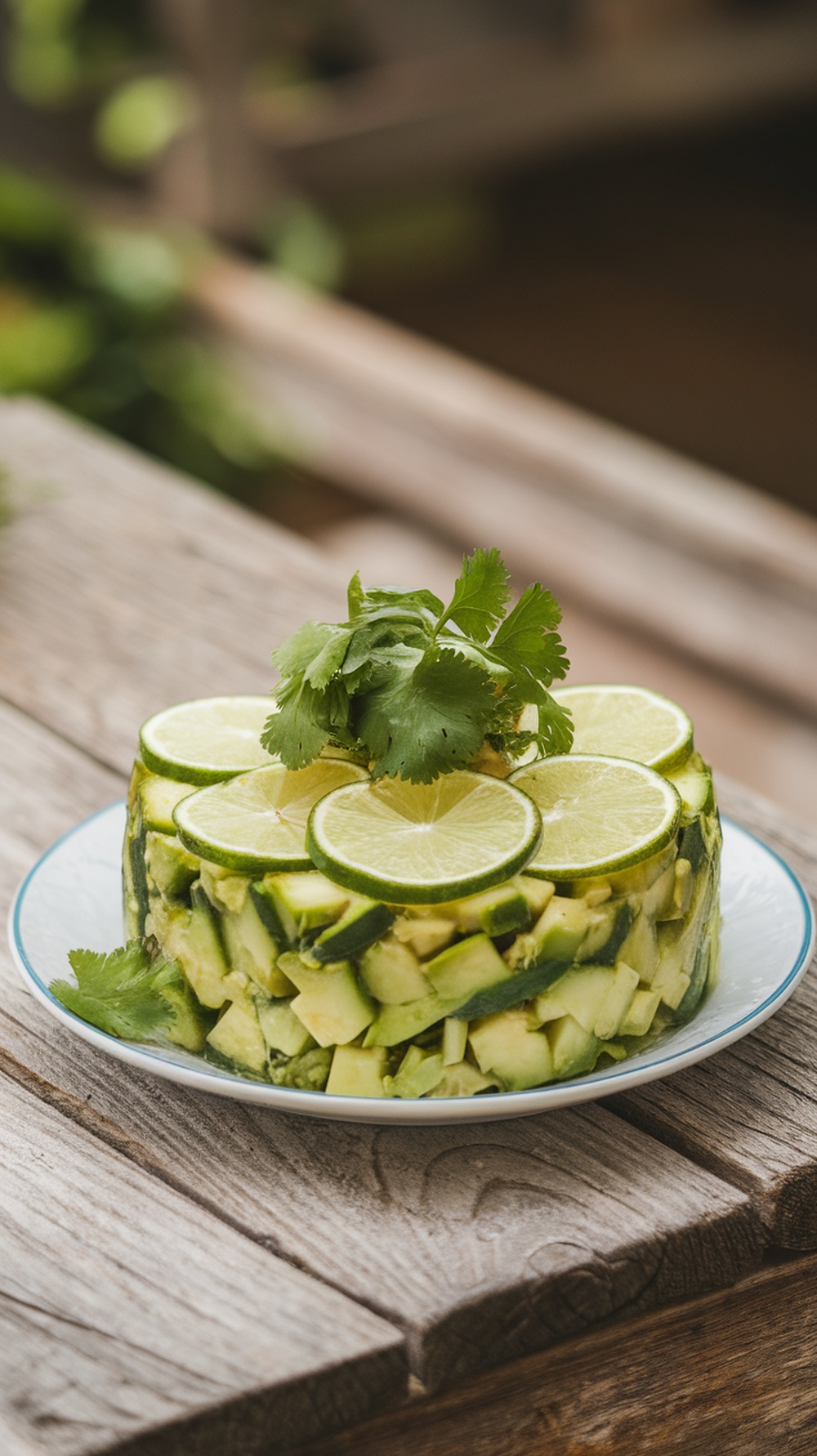 A vibrant cucumber and avocado salad topped with lime slices and cilantro.