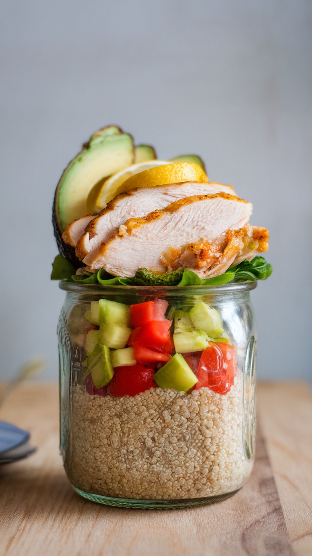 A vibrant quinoa bowl topped with rotisserie chicken, avocado, and lemon slices.