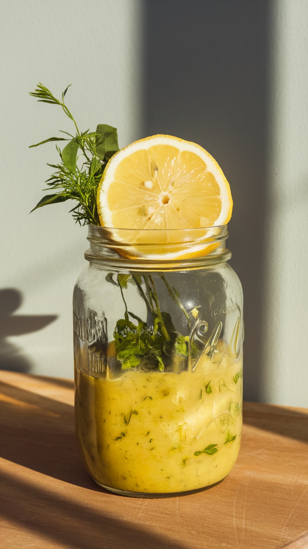 A jar filled with zesty lemon vinaigrette, garnished with lemon slices and fresh herbs.