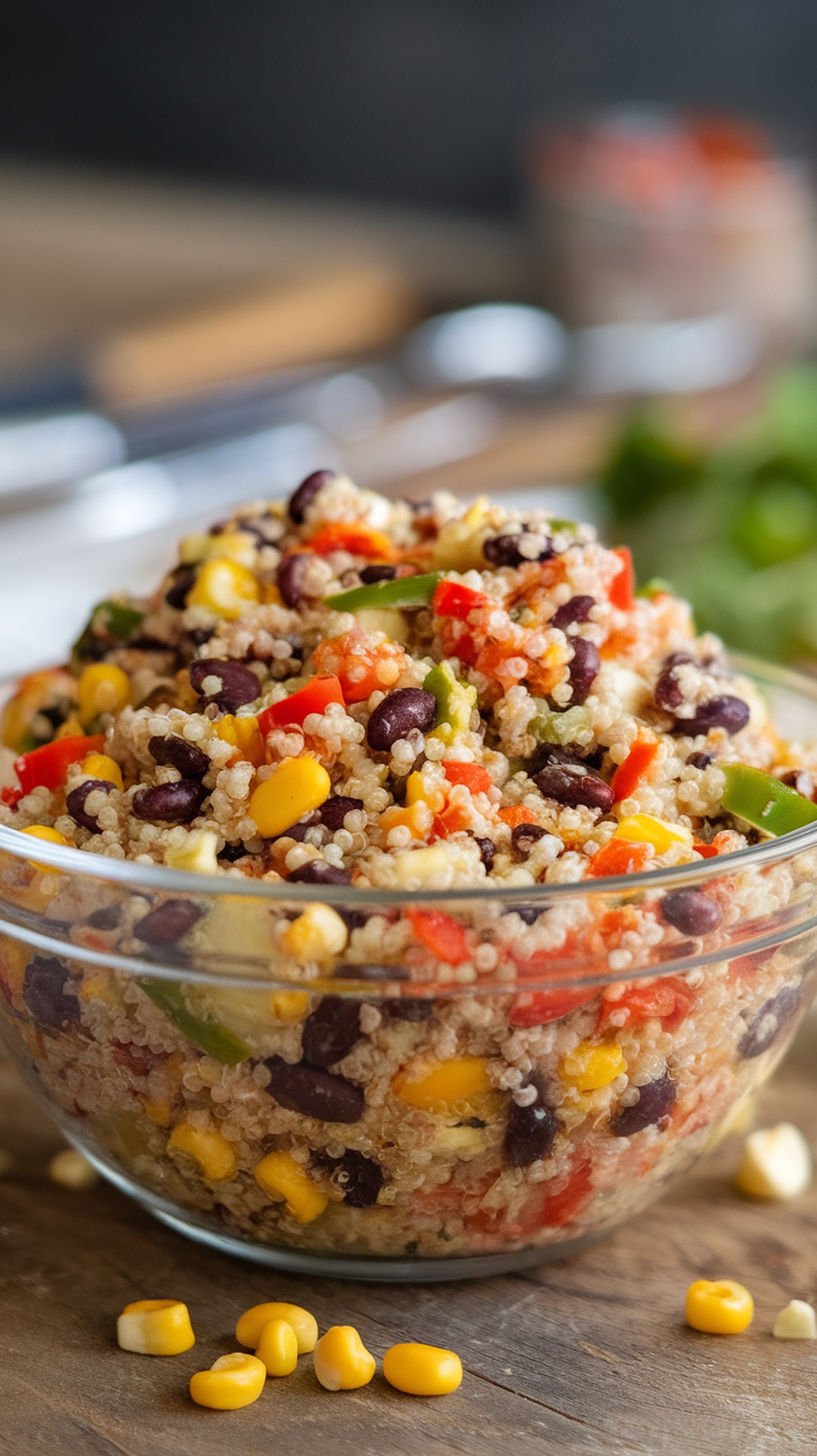 A colorful bowl of zesty quinoa salad with beans, corn, and peppers.