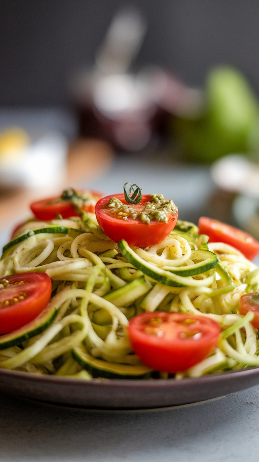 A vibrant and fresh zucchini noodle salad topped with cherry tomatoes.