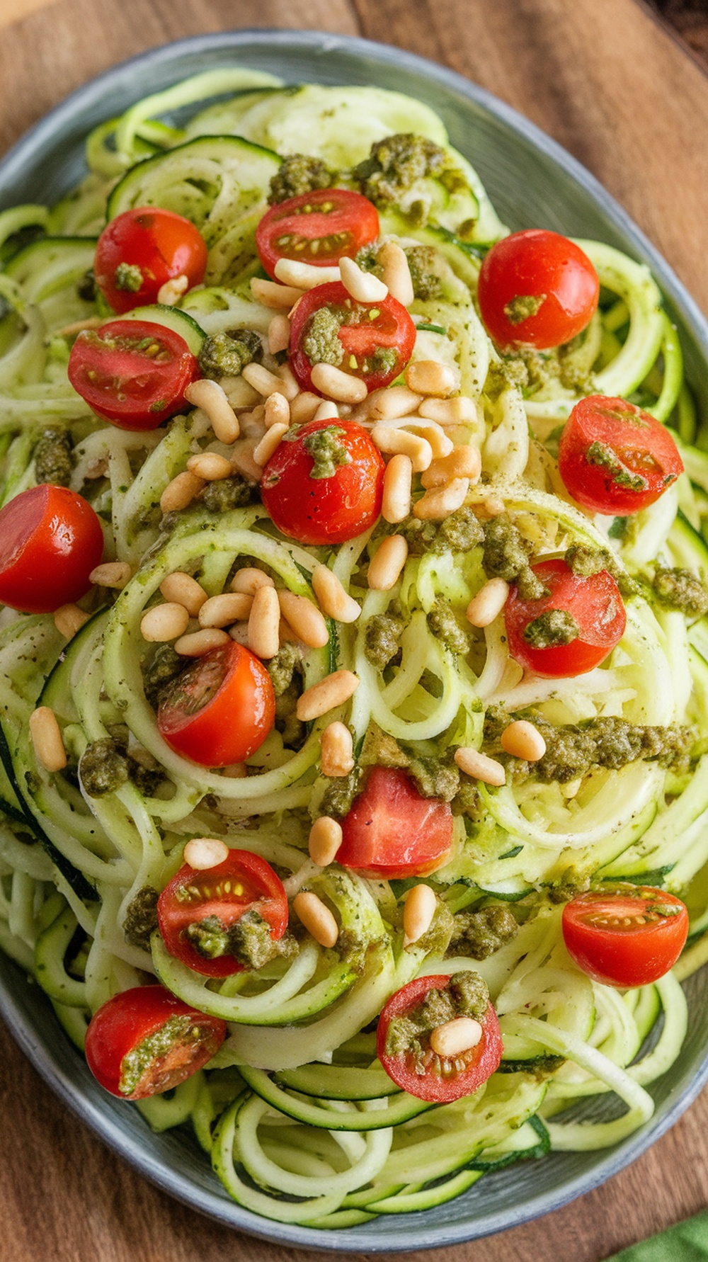 A vibrant zucchini noodle salad with cherry tomatoes and pesto
