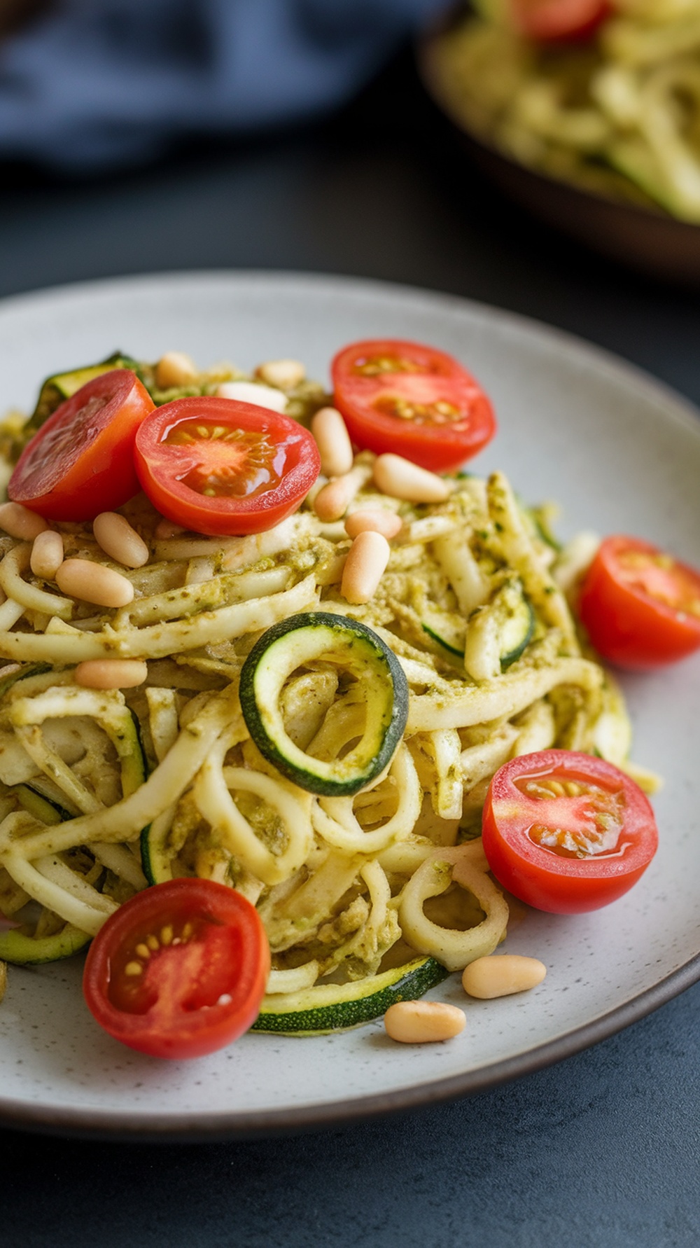 A plate of zucchini noodle salad topped with cherry tomatoes and pine nuts.