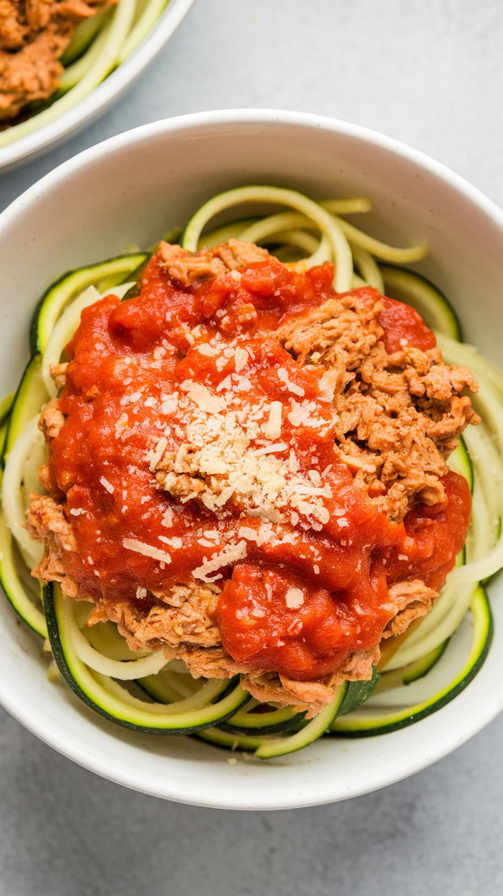 A bowl of zucchini noodles topped with ground chicken and marinara sauce