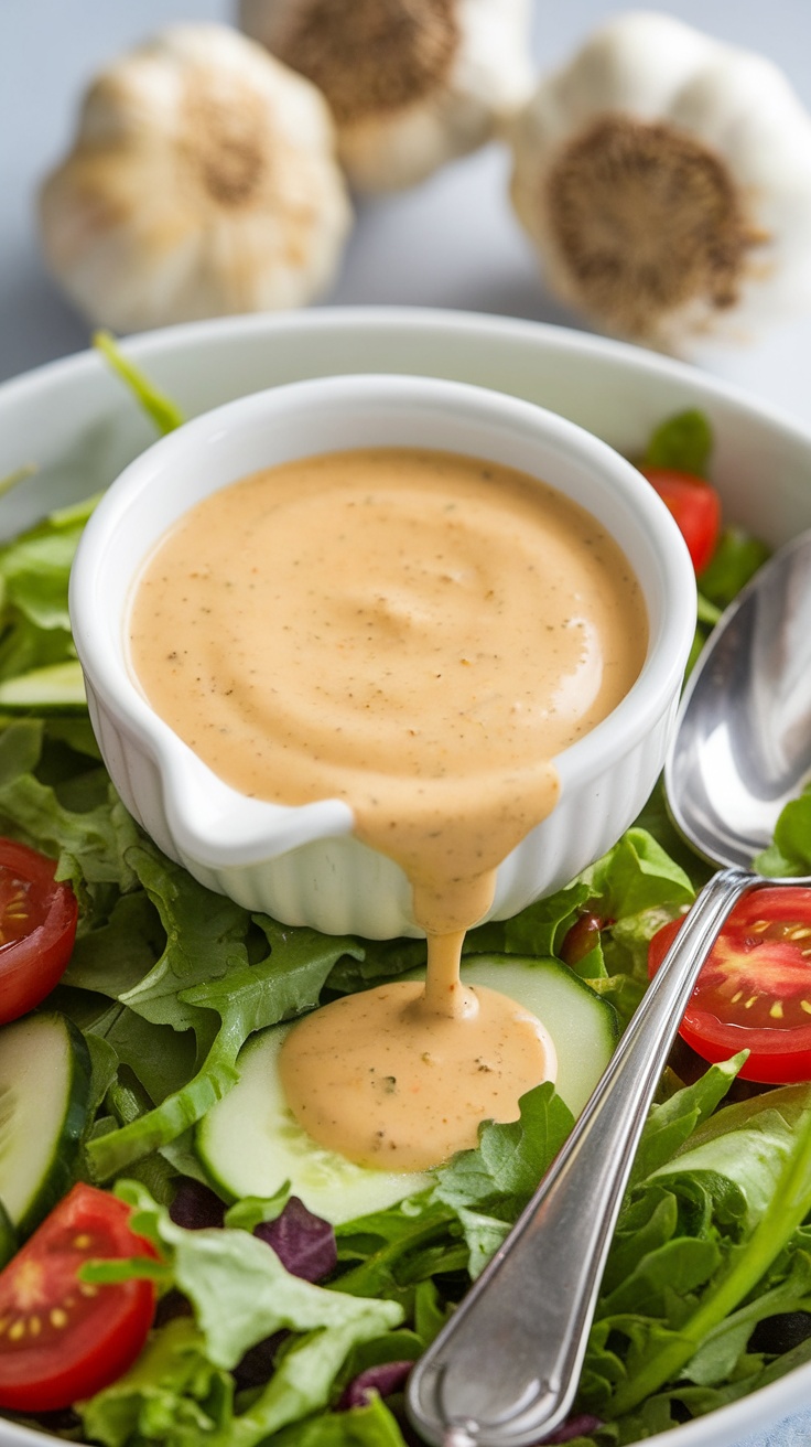Creamy roasted garlic dressing in a bowl, served over a fresh salad with greens and vegetables.