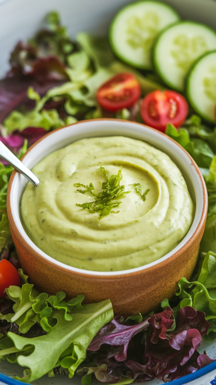 Creamy Avocado Dressing Recipe A bowl of creamy avocado dressing garnished with lime zest, surrounded by fresh salad ingredients.
