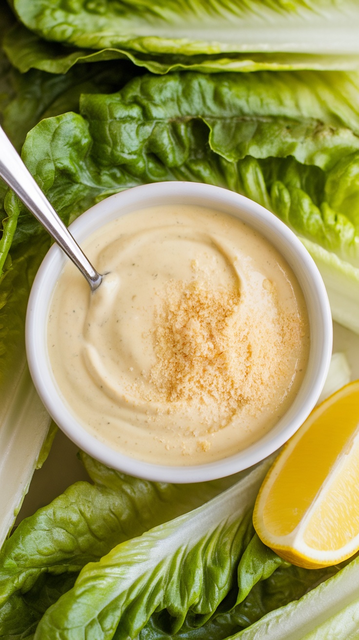 Classic Caesar Dressing Recipe A bowl of creamy Caesar dressing with Parmesan cheese, lemon slice, and lettuce in the background.