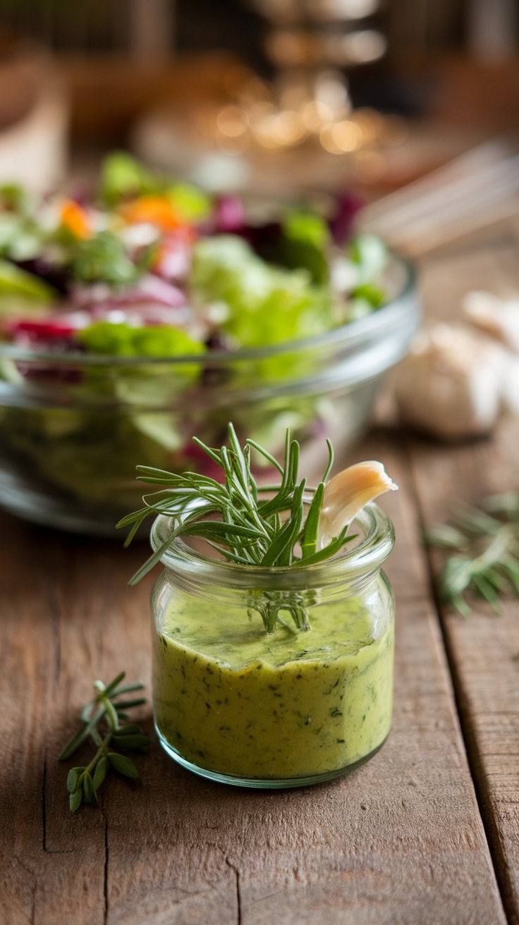 Garlic and Herb Vinaigrette Dressing Recipe A jar of garlic and herb dressing with fresh herbs and garlic cloves, alongside a salad bowl.
