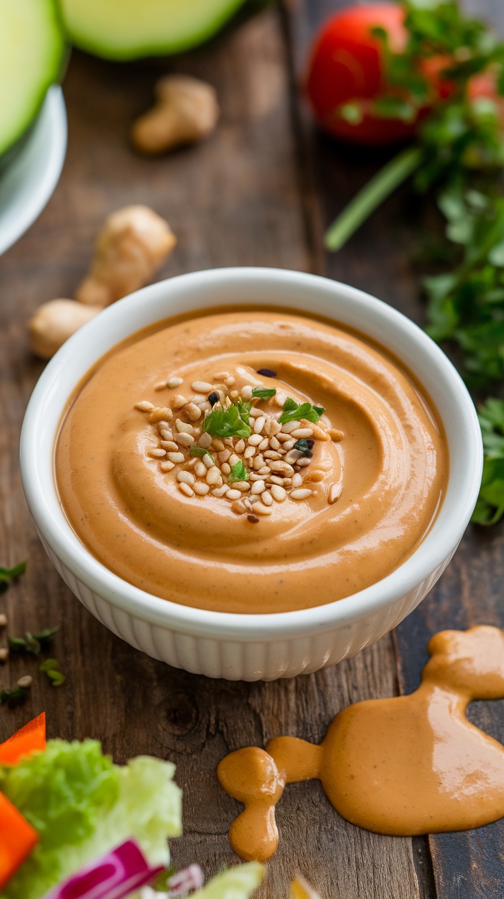 Ginger Peanut Dressing Recipe A bowl of ginger peanut dressing with sesame seeds, surrounded by fresh vegetables and salad.