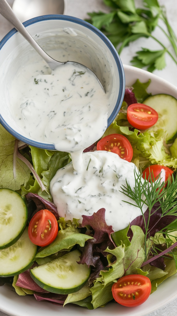 Herbed Yogurt Dressing Recipe Creamy herbed yogurt dressing in a bowl, garnished with fresh herbs, served over a colorful salad.