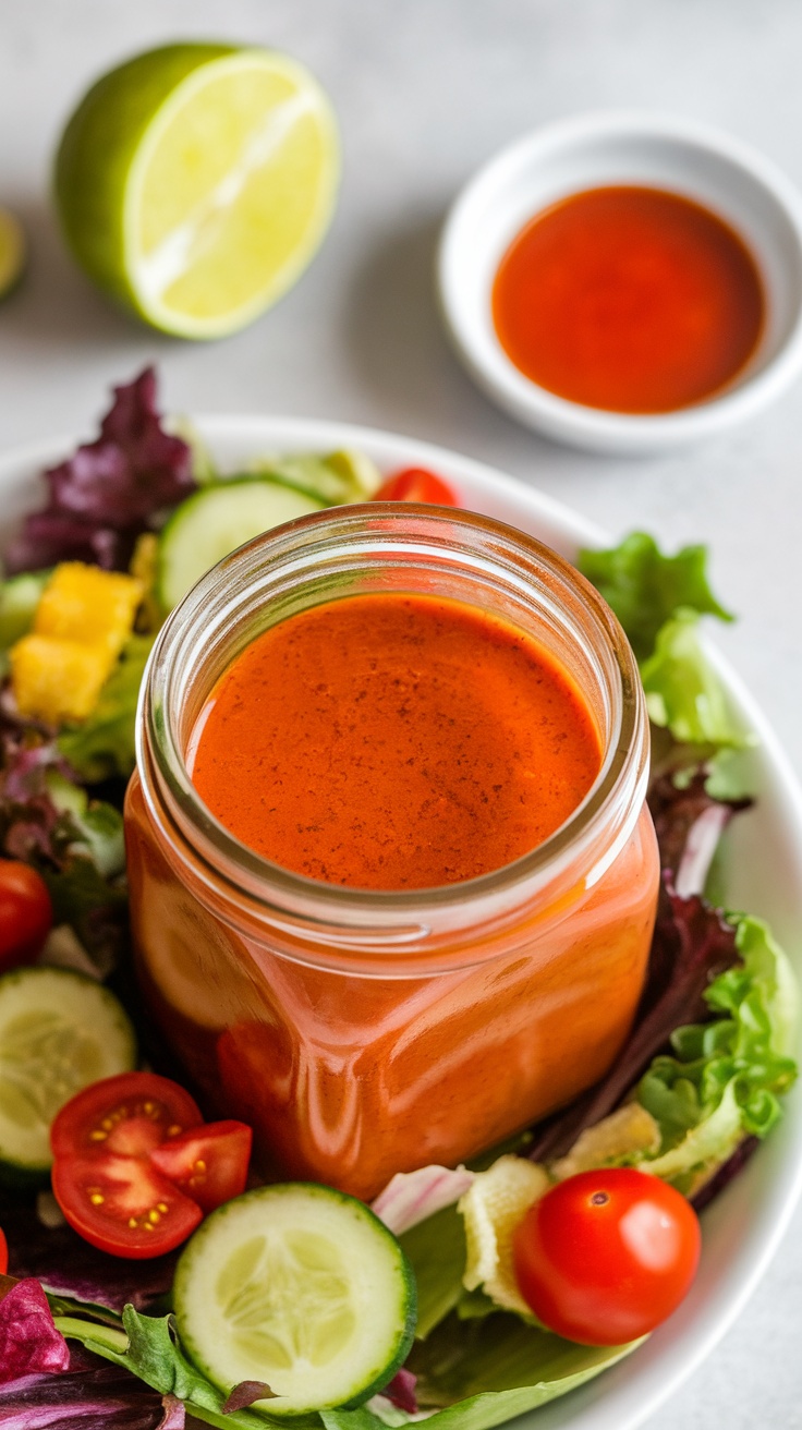 Spicy Sriracha Lime Dressing Recipe A jar of Sriracha lime dressing drizzled over a colorful salad with lime and Sriracha on the side.